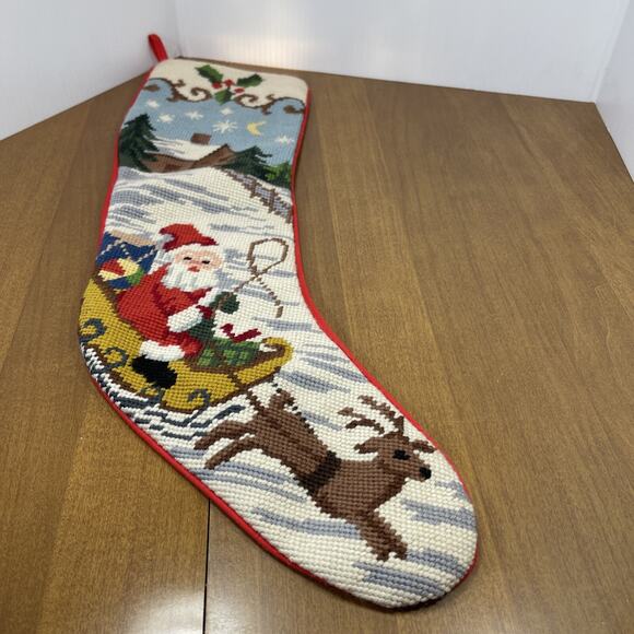 Vintage Needlepoint Christmas Stocking Santa Sleigh Reindeer Red Fabric Back - Picture 8 of 11